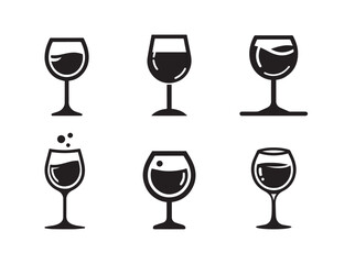 Wine glass vector black silhouette lineart logo icon bundle, alcohol isolated on white background
