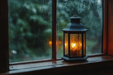A Lit Lantern Sits Beside A Wet Window In A Room