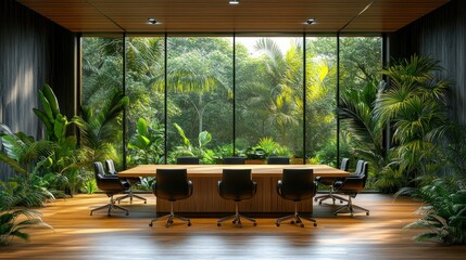 Fototapeta premium Modern conference room with jungle view, natural light, meeting