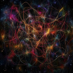 Obraz premium Vibrant cosmic network of glowing energy threads connecting in a deep space setting with an abstract and futuristic theme 