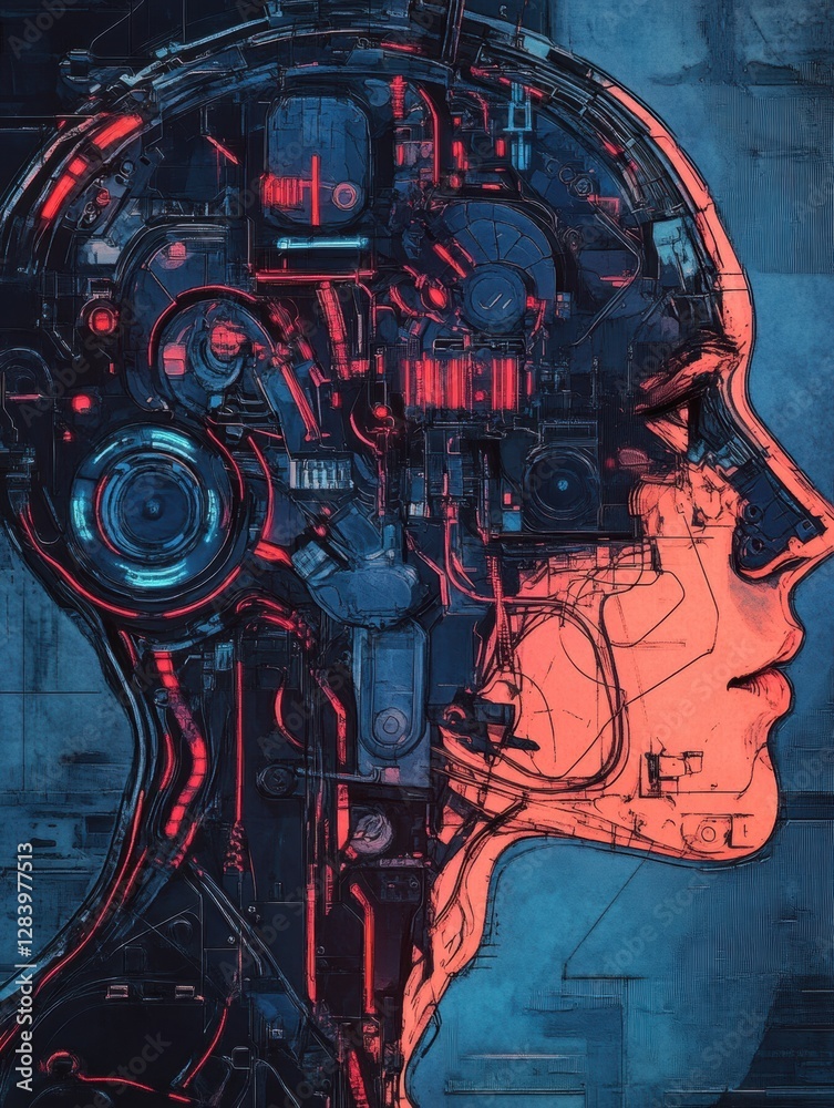 Aufkleber Merging of organic and mechanical a futuristic representation of human and AI integration. Generative AI