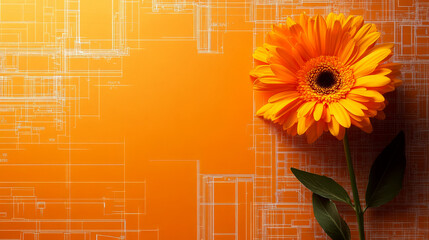 Orange sunflower on right, overlaying technical blueprint on orange background. Concept of nature meeting technology.