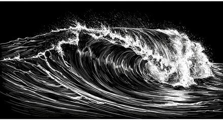 Obraz premium Dramatic Ocean Wave with Swirling Foam, Showcasing the Power and Beauty of the Sea, Black and White Sketch Engraving, Scratch Board Imitation, Raster Illustration