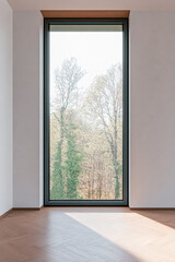 Natural light floods a modern room through a large window overlooking a tranquil forest