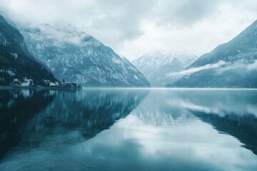 Obraz premium Stunning view of famous Hallstatt mountain village with Hallstatter lake. Popular travel destination. Location: Hallstatt, Salzkammergut region, Austria, Alps. Europe.
