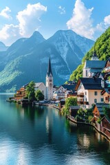 Fototapeta premium Stunning view of famous Hallstatt mountain village with Hallstatter lake. Popular travel destination. Location: Hallstatt, Salzkammergut region, Austria, Alps. Europe.