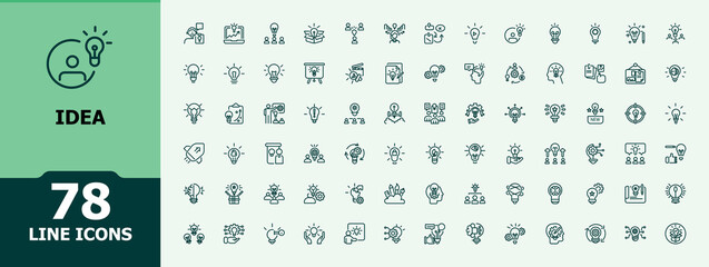 Idea minimal icon set. Icons innovation, grow, art, graph, creative, growth, learn, innovation, thinking, solution, electric. Thin icon design. Editable vector illustration.