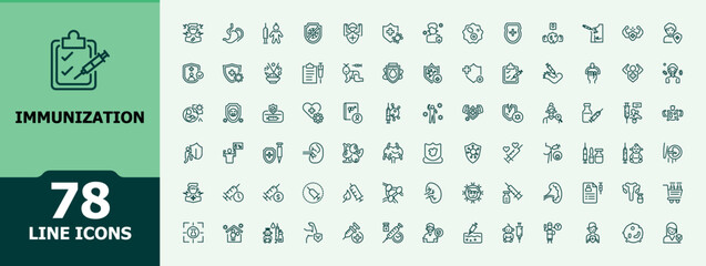 Immunization icon collection. Includes thin line infection, shield, system, treatment, science, corona and more. Minimalistic icon. Editable stroke.