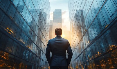 Fototapeta premium Back of businessman in suit with business office glass modern buildings background for financial freedom portfolio or company profit and strategy growth IPO poster,