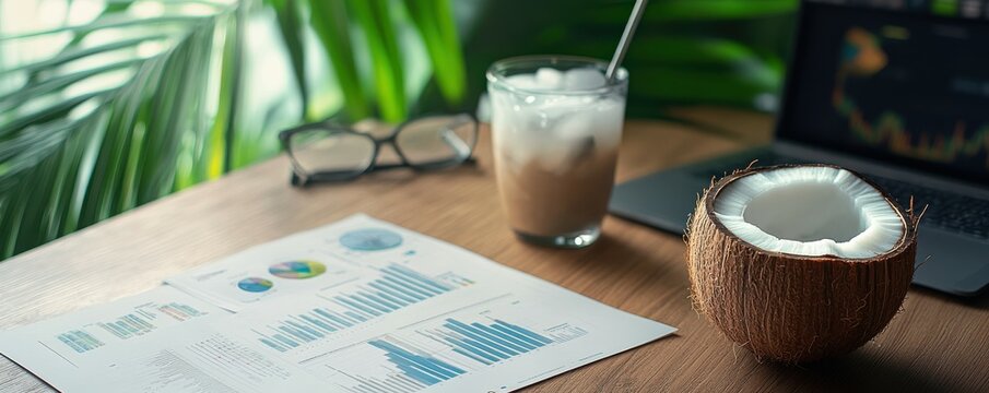 Coconut drink with business graphs on wooden desk near glasses and laptop