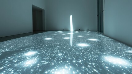 A minimalist art installation featuring shimmering light patterns on the floor, creating an ethereal atmosphere with a central beam of light.