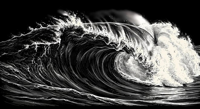 Dramatic Ocean Wave with Swirling Foam, Showcasing the Power and Beauty of the Sea, Black and White Sketch Engraving, Scratch Board Imitation, Raster Illustration
