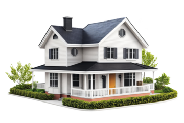 A White House with a Black Roof and Green Trees, Transparent Background