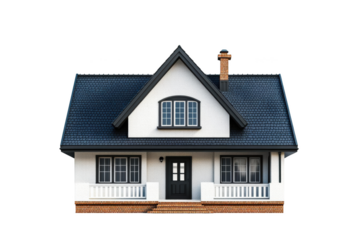 A White Brick House with a Blue Roof and a Chimney, a Transparent Object