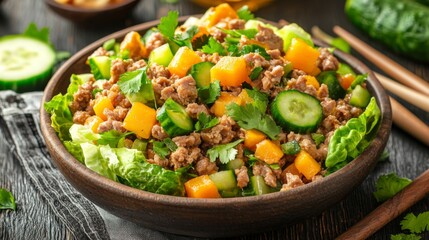 A healthy Thai minced pork salad, served with a side of cucumber slices and fresh lettuce wraps. --chaos 20 --ar 16:9 --quality 2 --v 6.1 Job ID: 6f0aec08-5616-4927-b926-8363aab5e008