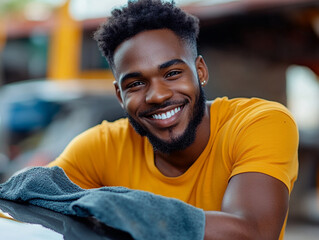 Fototapeta premium Young man smiling while cleaning a car outdoors