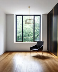 Modern interior design featuring a minimalist chair near a large window with a view of nature