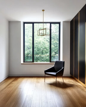 Fototapeta Modern interior design featuring a minimalist chair near a large window with a view of nature