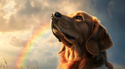 A dog is looking up at a rainbow in the sky