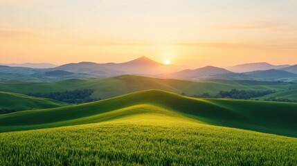 Fototapeta premium Misty sunrise over rolling mountains serene grasslands landscape