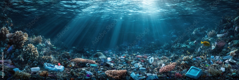 Poster underwater habitat reveals damaged corals and plastic pollution illuminated by soft rays of light. g