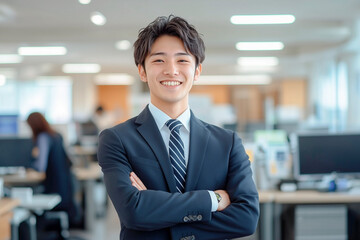 自信のある表情で腕組みして立つ日本人の若い男性ビジネスマン