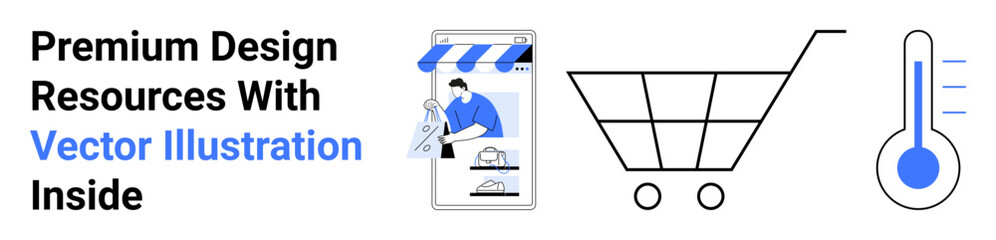 Mobile storefront with awning, shopping cart, and thermometer icon. Ideal for e-commerce, design, online shopping, retail, sales digital services and web design. Perfect flat landing page banner