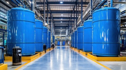 A factory floor filled with large blue chemical storage barrels