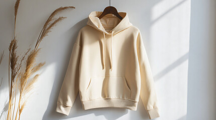 Beige hoodie hanging on a wall with a clean white background showcasing casual fashion apparel