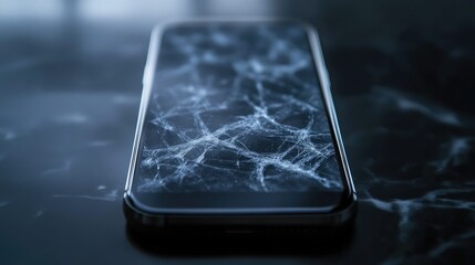 A modern smartphone with a cracked screen, isolated on a black background, highlighting the damage for repair service advertisements.