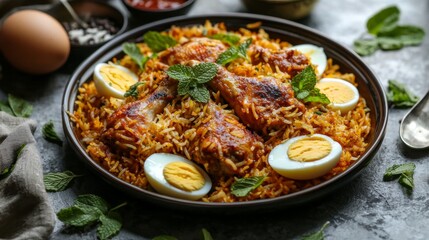A visually appealing plate of chicken biryani with golden rice, garnished with mint and boiled eggs. --chaos 20 --ar 16:9 --quality 2 --v 6.1 Job ID: 72cf9331-78d1-4fc6-a2e7-a17d1db9f35b