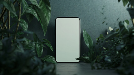 Mirror on table next to plant with sleek smartphone and decorative items in a cozy indoor setting