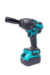 Powerful cordless impact wrench with battery isolated on transparent background