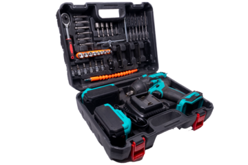 Cordless impact wrench and bit set in toolbox with transparent background