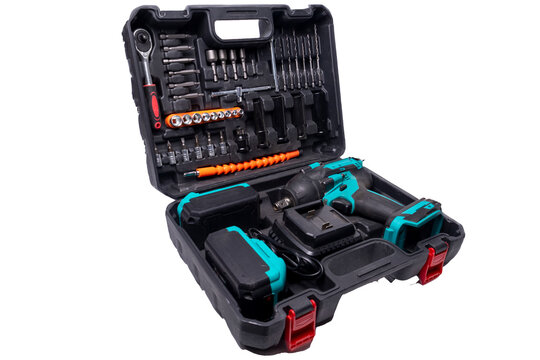 Cordless impact wrench and bit set in toolbox with transparent background