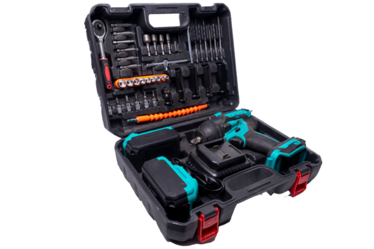Cordless impact wrench and bit set in toolbox with transparent background