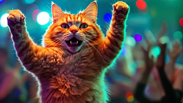 Funny fat cat dancing joyfully in a vibrant club atmosphere with colorful lights, Funny fat cat dancing in the club Seamless ing time lapse video background