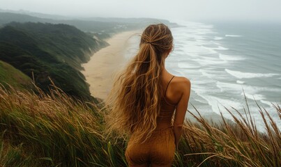 Woman overlooking ocean beach clifftop, windswept hair, travel