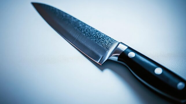 A sleek stainless steel kitchen knife with a sharp blade, isolated on a white background, showcasing its precision and design.