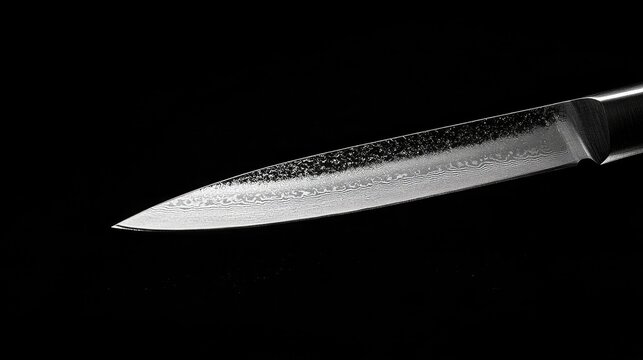 A sleek stainless steel kitchen knife with a sharp blade, isolated on a black background, showcasing its precision and design.