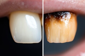 Obraz premium Close-up imagery revealing the stark contrast between a healthy tooth and a decayed one, emphasizing the importance of dental care and its impact on oral health.