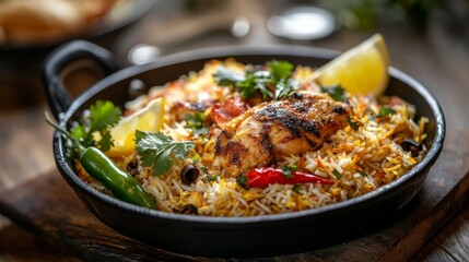 Fototapeta premium Elegant presentation of Chicken Biryani with a side of lemon wedges and green chilies. 