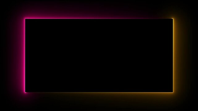  Abstract glowing neon rectangle border frame. Glowing neon rectangle picture frame animation icon on black background.