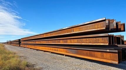Fototapeta premium A long stack of steel I-beams arranged in a construction storage yard