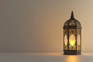 An ornate lantern on a white surface with light shining