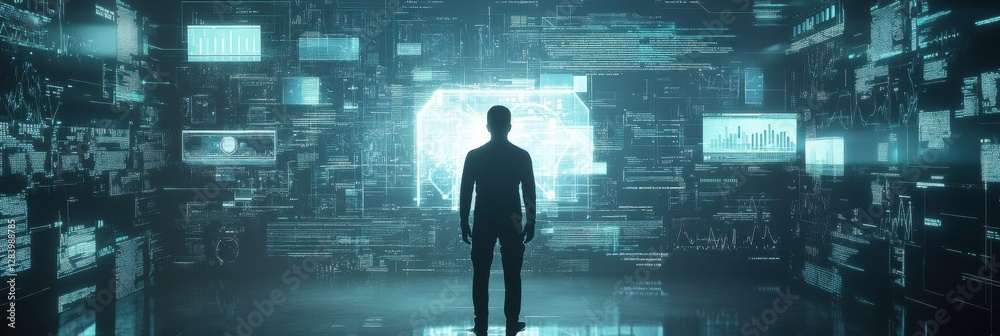 Poster Human silhouette exploring futuristic AI data visualizations and analytical charts in a digital landscape. Generative AI