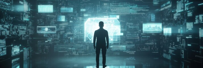 Human silhouette exploring futuristic AI data visualizations and analytical charts in a digital landscape. Generative AI