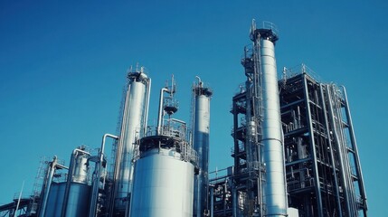 A massive chemical processing facility with safety warning signs