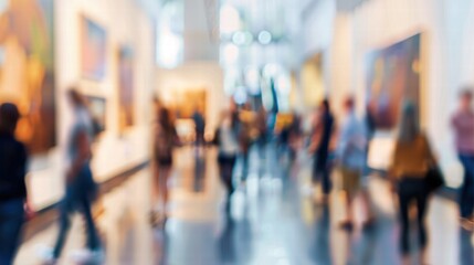 A blurred view of an artistic museum interior with soft lighting effects.