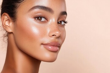 Minimal makeup portrait with glowing cheeks, high cheekbones, subtle highlights, modern clean beauty aesthetic, and an elegant studio shot for a timeless look.